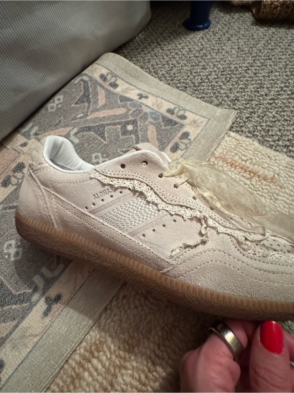 ALOHAS Suede Cream Leather Crochet-Trim Sneakers - Picture 8 of 8